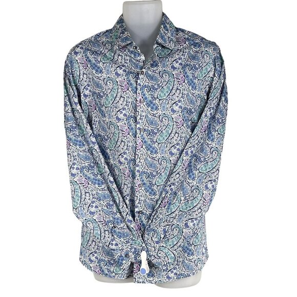 70s Psychedelic Blue Purple Paisley Long Sleeve Mens Button Up Shirt Italy Woven - Picture 7 of 15